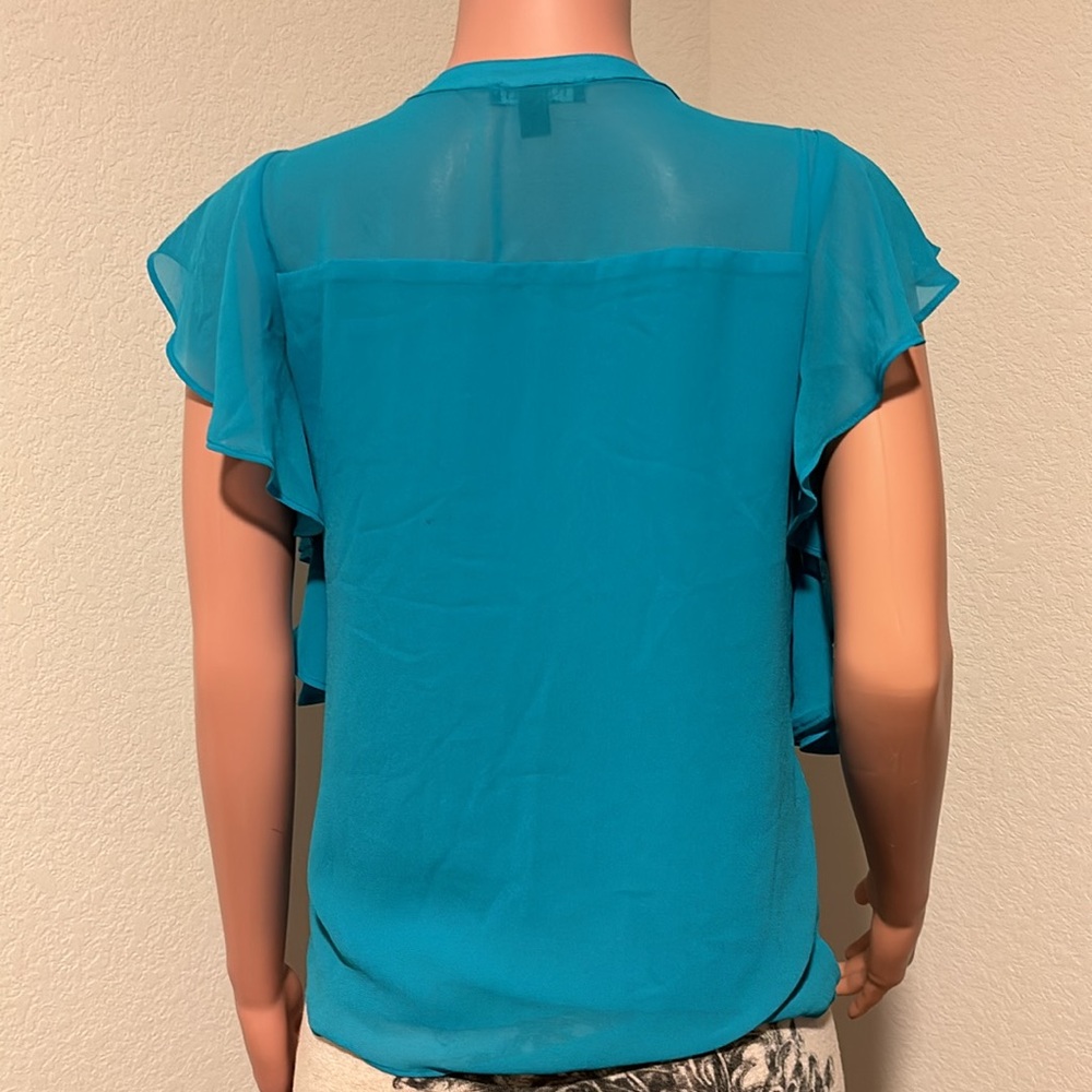 Sheer Ruffle Blue Roz & Ali Blouse (XS) - Picture 3 of 5